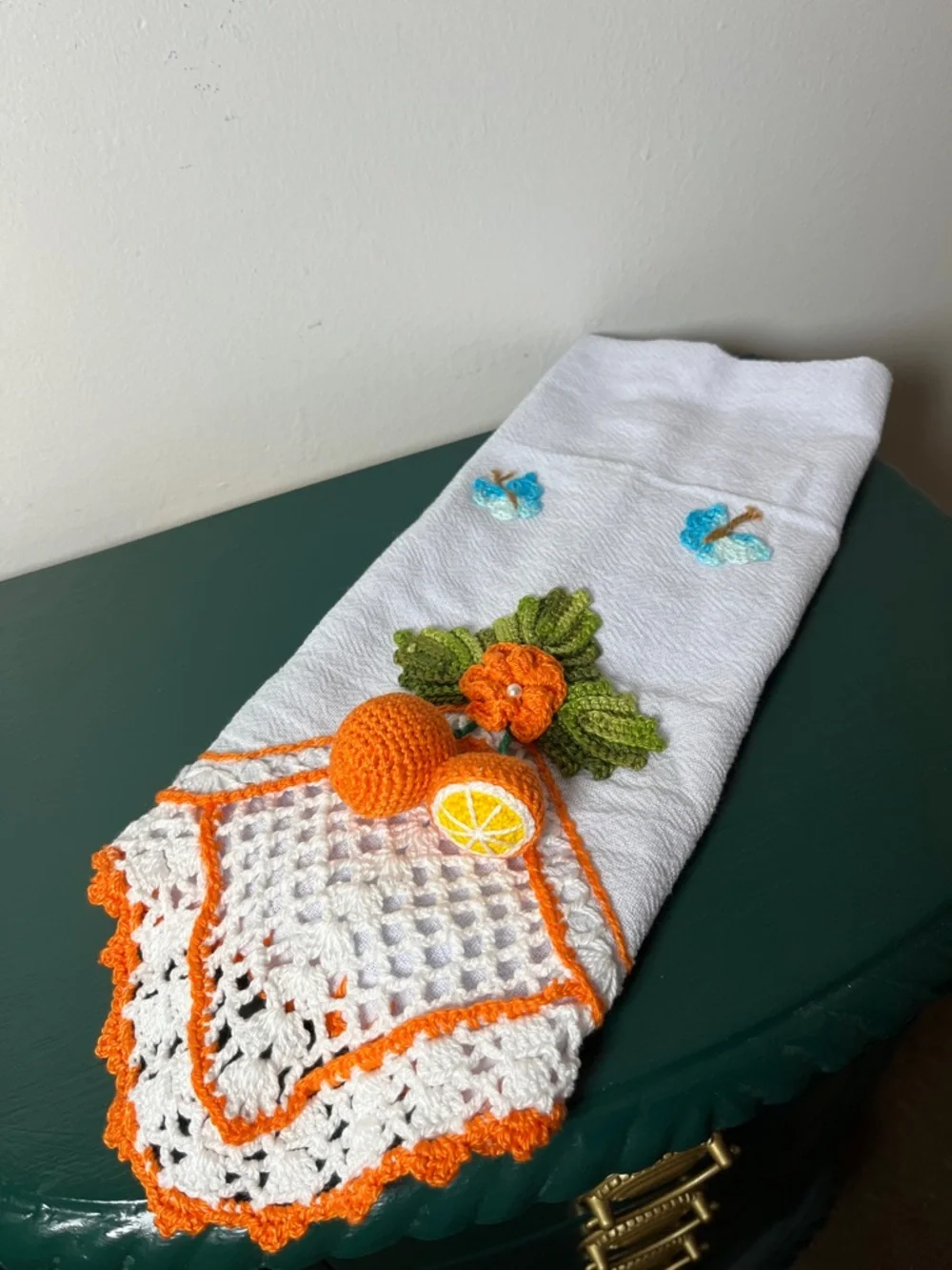Handcrafted Linen Cotton Embroidered 3D Amigurumi Orange Fruit Kitchen Tea Towel